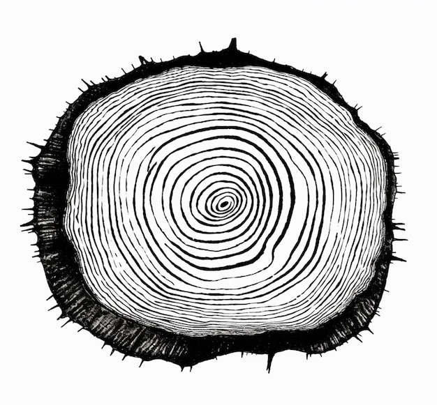 Un dibujo en blanco y negro de un tronco de árbol con un diseño en espiral generativo ai