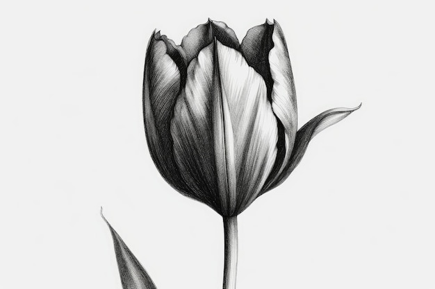 Un dibujo en blanco y negro de un tulipán con las hojas en el tallo.