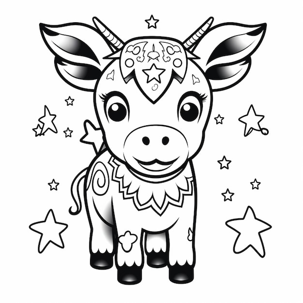 un dibujo en blanco y negro de una vaca con estrellas en su cabeza