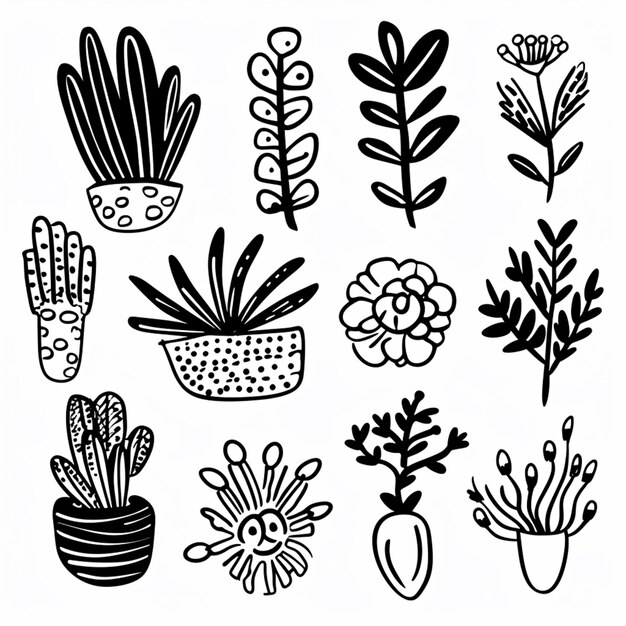 un dibujo en blanco y negro de varias plantas y flores generativo ai