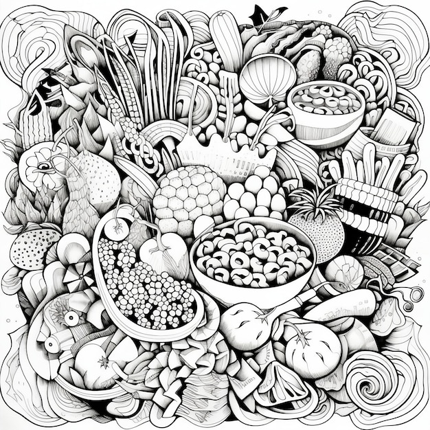 Un dibujo en blanco y negro de varios alimentos, incluida una variedad de verduras.