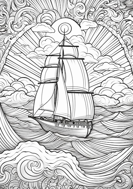 un dibujo en blanco y negro de un velero en el océano ai generativo