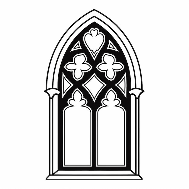 un dibujo en blanco y negro de una ventana gótica con corazones generativos ai