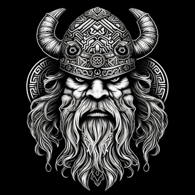 Un dibujo en blanco y negro de un vikingo con una barba generativa ai