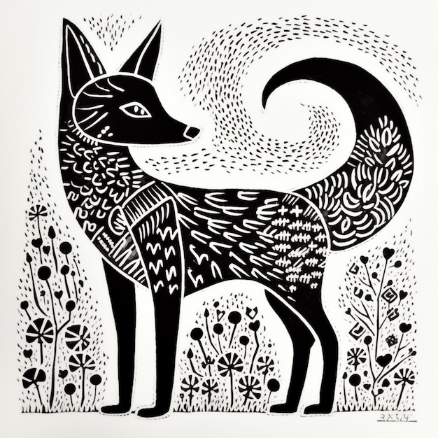 Un dibujo en blanco y negro de un zorro en un campo de flores generativo ai