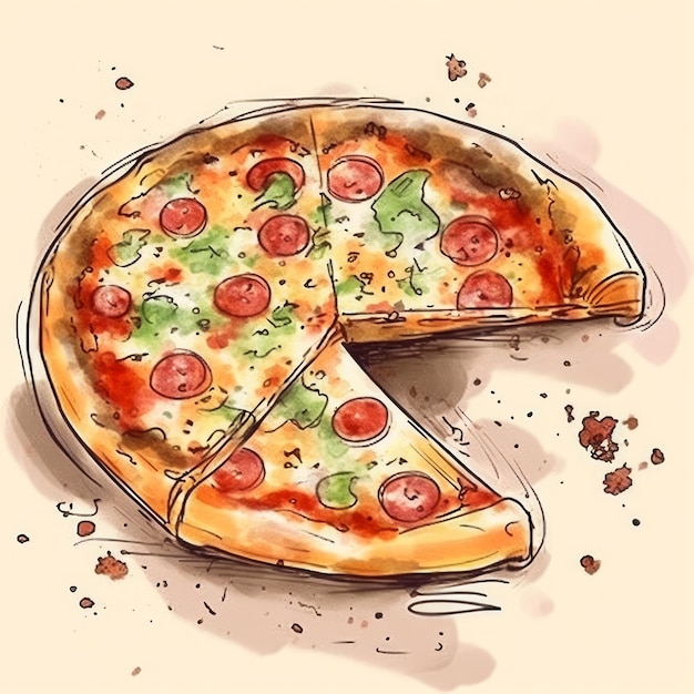 Dibujo de boceto de deliciosa pizza italiana sobre fondo abstracto
