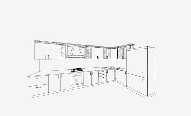 Dibujo de boceto de muebles para la cocina con dimensiones