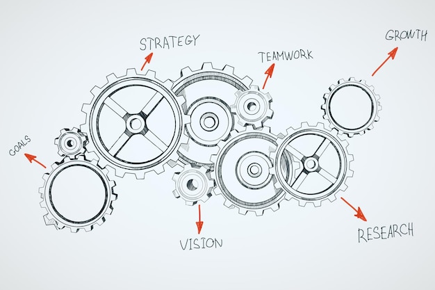 Foto dibujo boceto del sistema de engranajes sobre fondo blanco