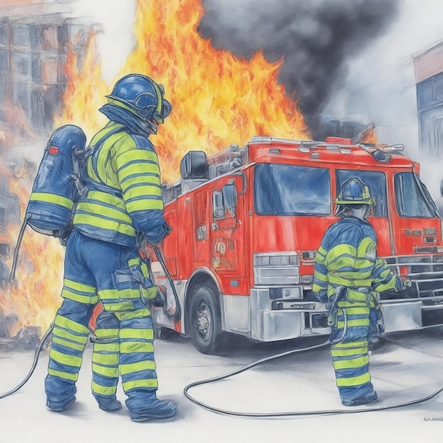 un dibujo de un bombero con los camiones de bomberos generados por AI