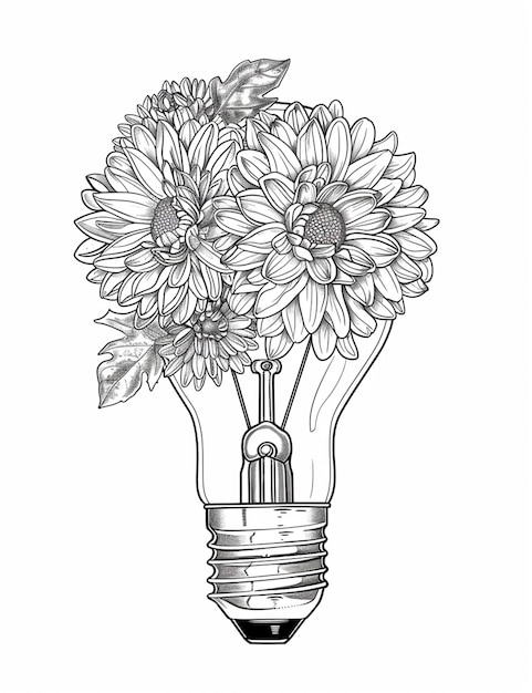un dibujo de una bombilla con flores en su interior