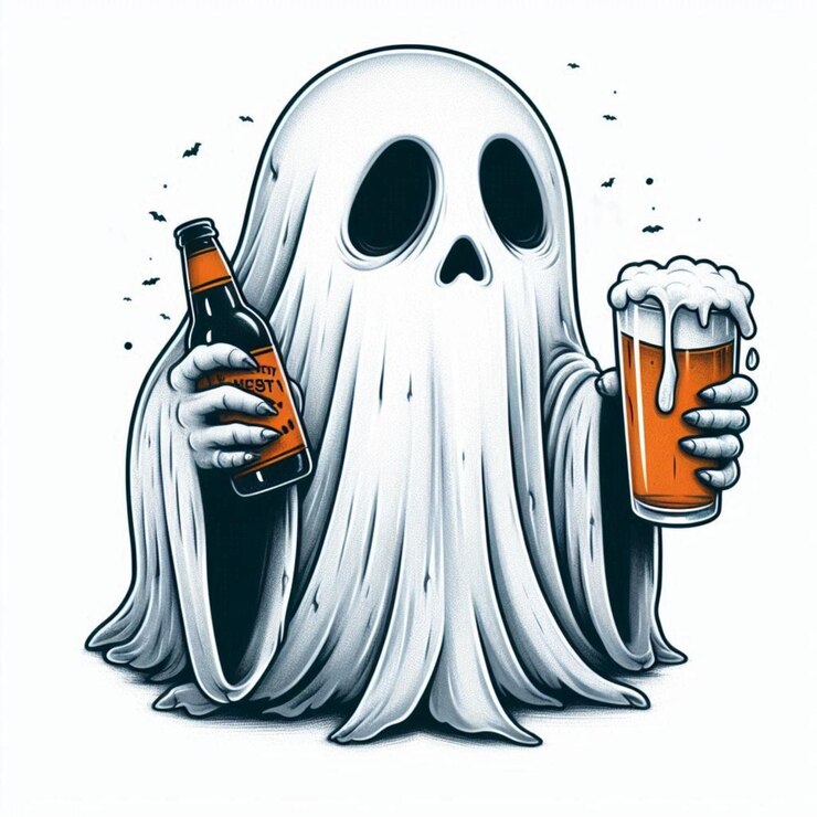 un dibujo de un boo blanco con una botella de cerveza en él