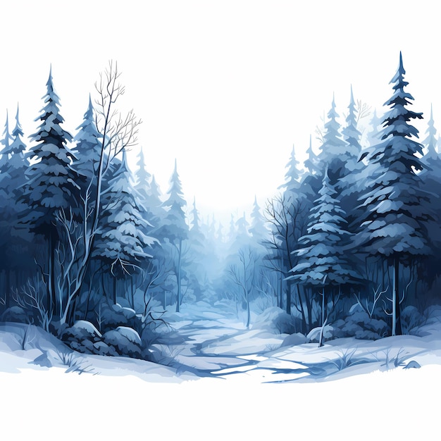 Un dibujo de un bosque con árboles cubiertos de nieve y un bosque nevado.