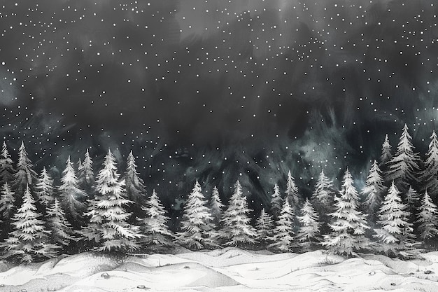 un dibujo de un bosque con copos de nieve en él