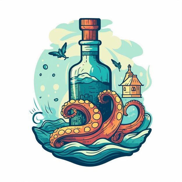 un dibujo de una botella con un barco en el fondo.