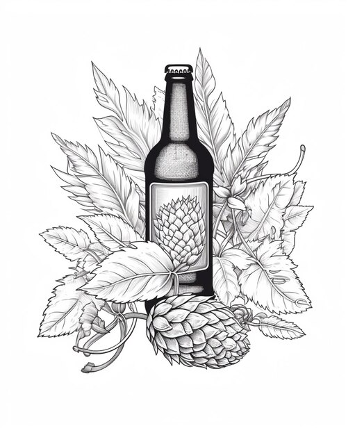 Un dibujo de una botella de cerveza con ai generativo de lúpulo