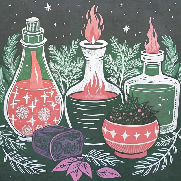 un dibujo de botellas con una imagen de un árbol de Navidad y un letrero que dice "Cita de Navidad"