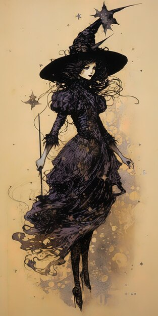 un dibujo de una bruja con una espada y una estrella en él