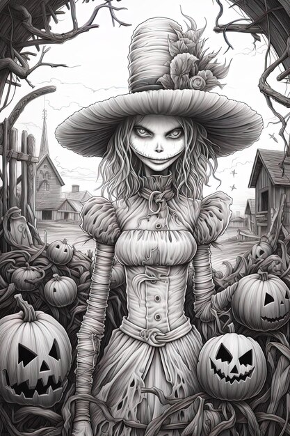 Foto un dibujo de una bruja con un sombrero de bruja y un sombrerito de bruja