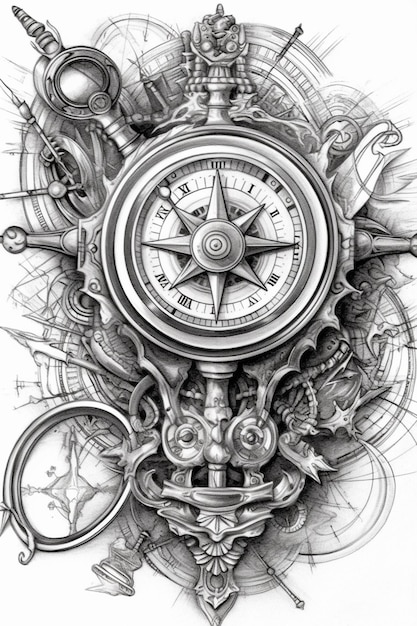 un dibujo de una brújula con un reloj y otros elementos generativos ai