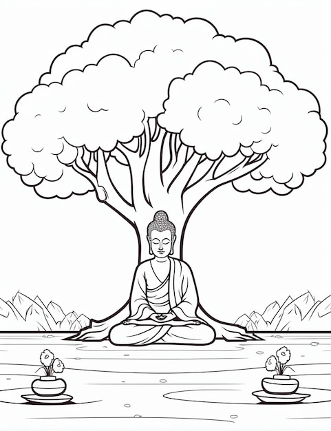 Foto un dibujo de un buda sentado debajo de un árbol con patos ai generativo