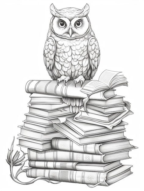 un dibujo de un búho sentado en la parte superior de una pila de libros generativo ai