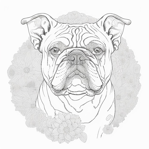 Un dibujo de un bulldog con una flor en el frente.