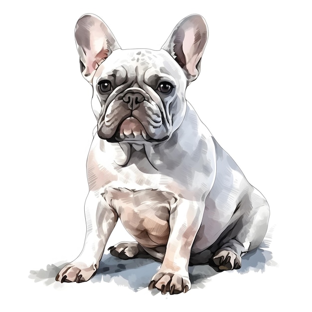 Un dibujo de un bulldog francés que está pintado en acuarela.