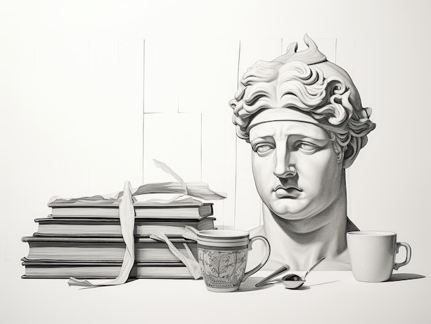 Un dibujo de un busto con una taza de café Imagen digital Composición surrealista Blanco y negro