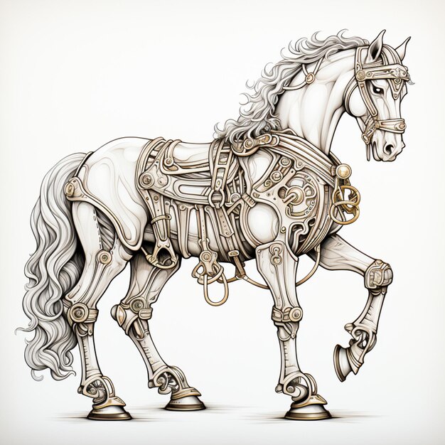 Foto dibujo de un caballo con un arnés y una campana en su espalda generativo ai