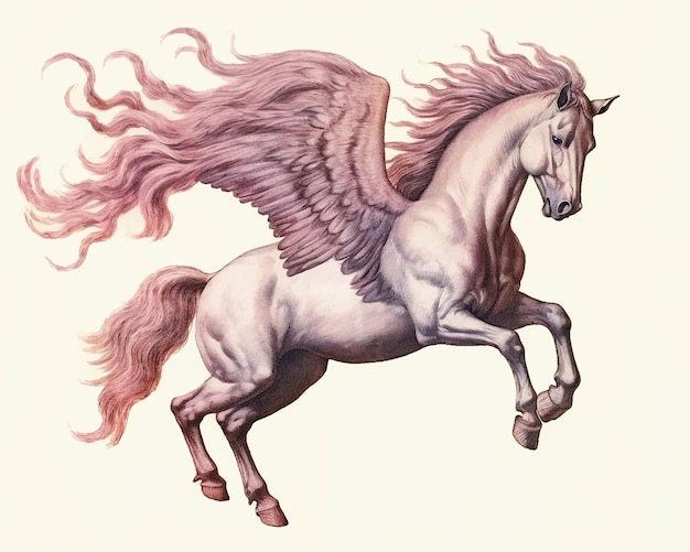 Un dibujo de un caballo blanco con una cola rosa.
