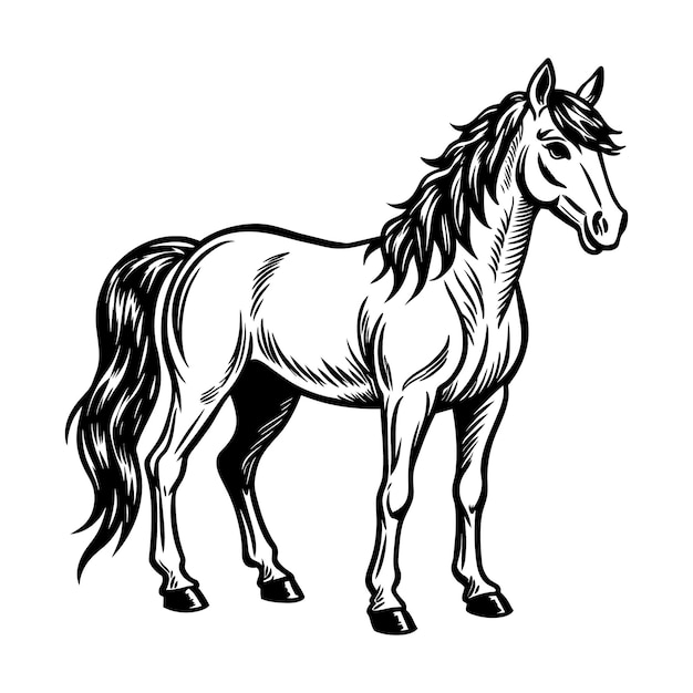 un dibujo de un caballo con una cola blanca y un contorno negro