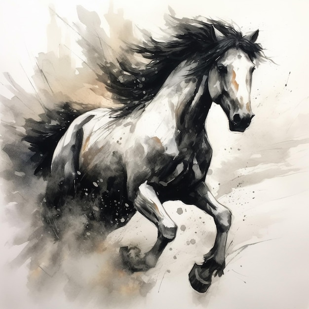 un dibujo de un caballo con un fondo blanco y negro