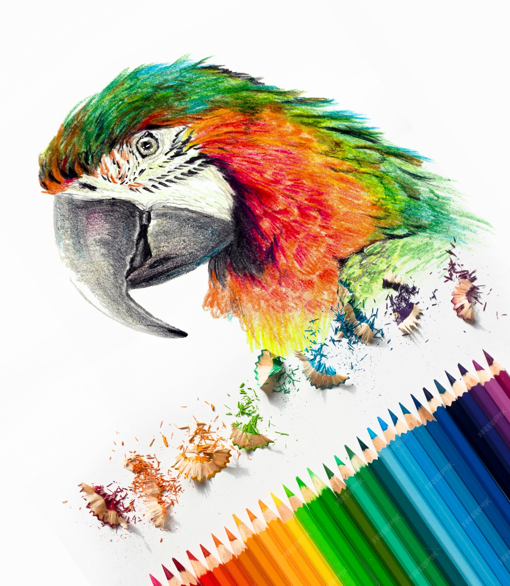 Dibujo de una cabeza de loro guacamayo del color sobre fondo blanco.  lápices de acuarela de colores, materiales de fotografía artística. boceto  en progreso | Foto Premium