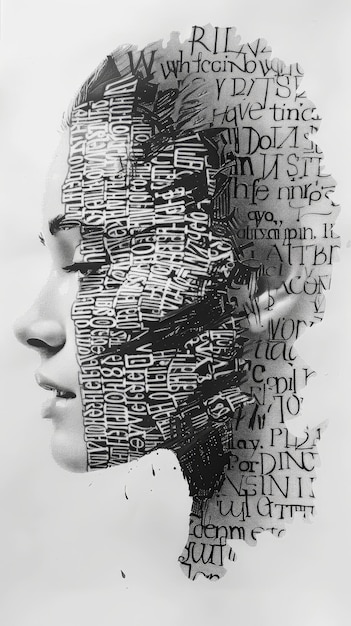dibujo de la cabeza de una mujer hecho enteramente de palabras y letras