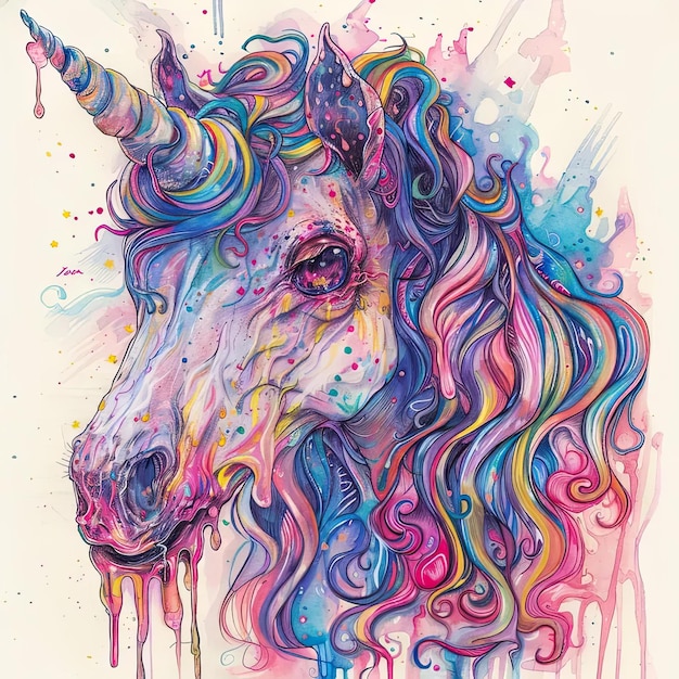 Un dibujo de una cabeza de unicornio con cabello multicolor