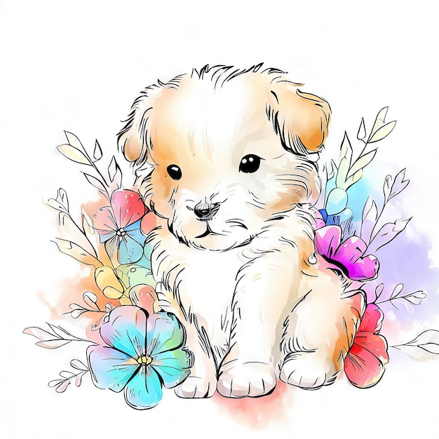 Un dibujo de un cachorro en un campo de flores.