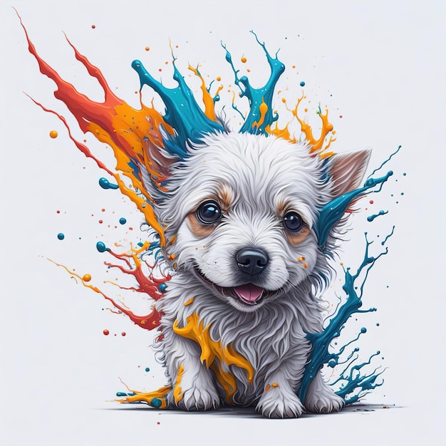 Un dibujo de un cachorro con colores azul, naranja y amarillo.