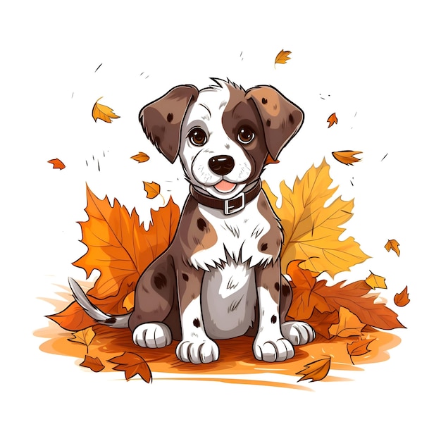 Un dibujo de un cachorro en hojas de otoño.