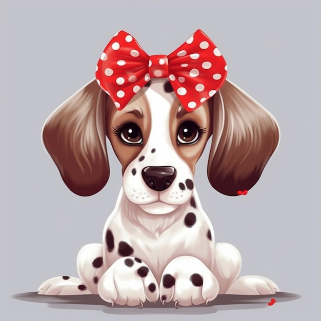 Un dibujo de un cachorro con un lazo rojo en la cabeza.