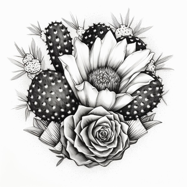 Un dibujo de un cactus y una flor con una rosa ai generativa.