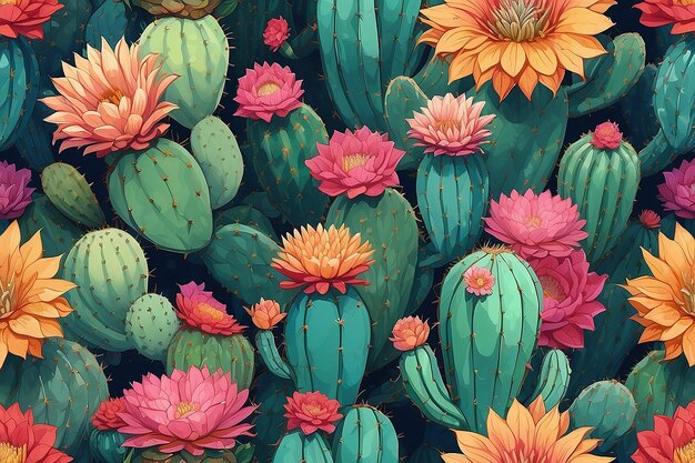 Un dibujo de un cactus con flores en él generativo ai