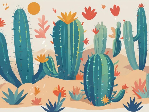 Foto un dibujo de cactus y flores con el sol detrás de ellos