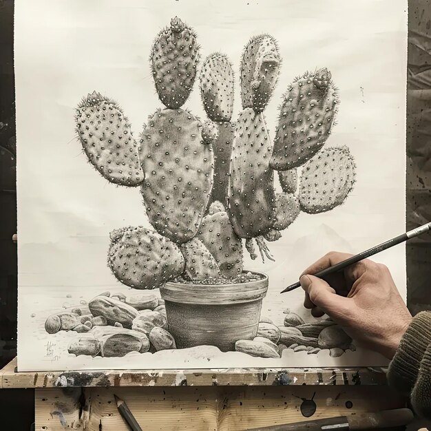 Foto un dibujo de un cactus en una olla