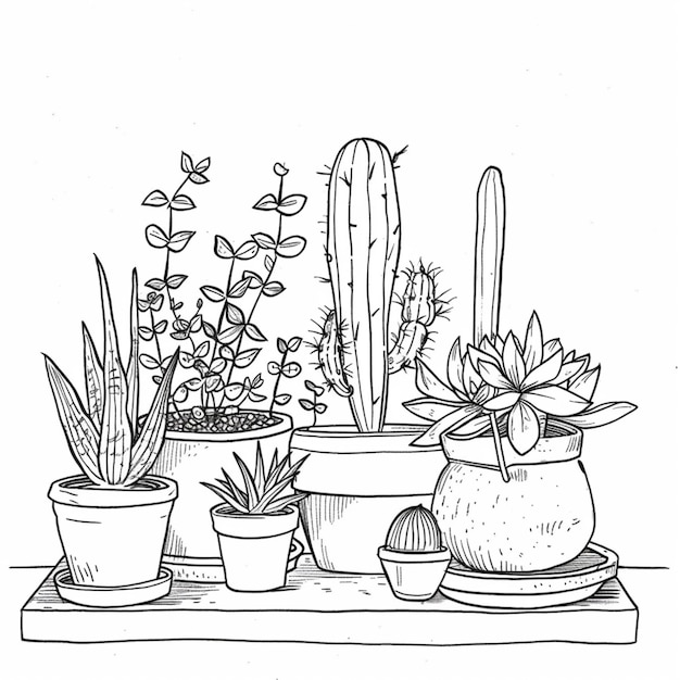 un dibujo de un cactus y plantas en maceta en una mesa