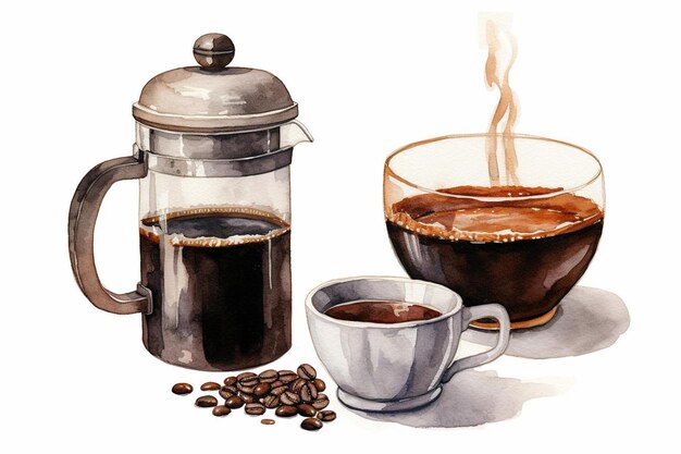 un dibujo de café y café con una cafetera.