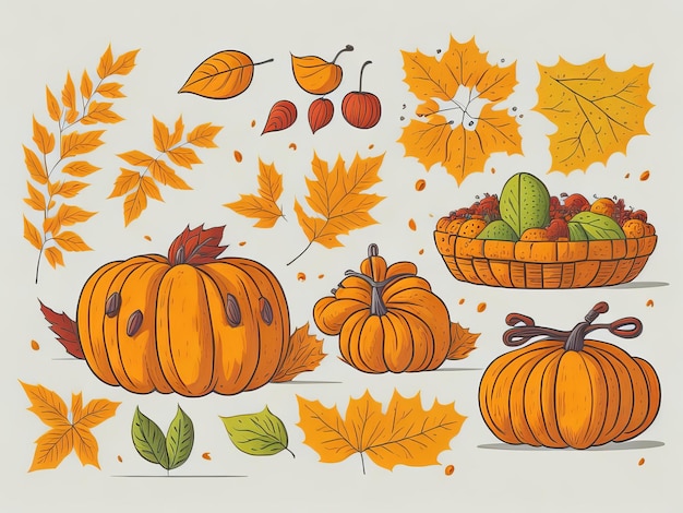 Un dibujo de una calabaza, una cesta de hojas de otoño y una cesta de calabazas.