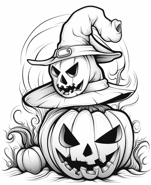 un dibujo de una calabaza de Halloween con un sombrero de bruja en la parte superior generativa ai