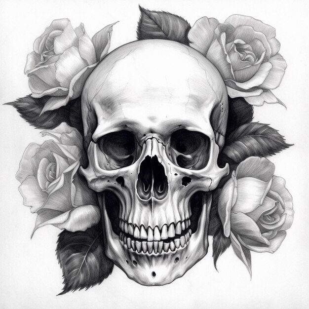 un dibujo de una calavera con rosas en la cabeza ai generativo