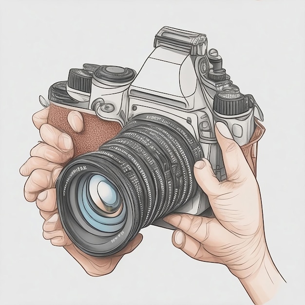 Foto un dibujo de una cámara con una foto de una persona sosteniéndola celebra el día mundial de la fotografía
