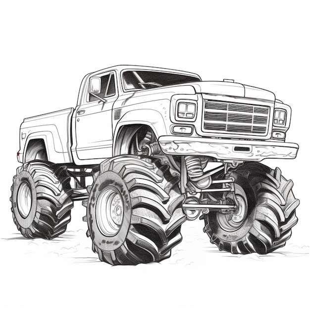 un dibujo de un camión monstruo con neumáticos enormes en un fondo blanco generativo ai
